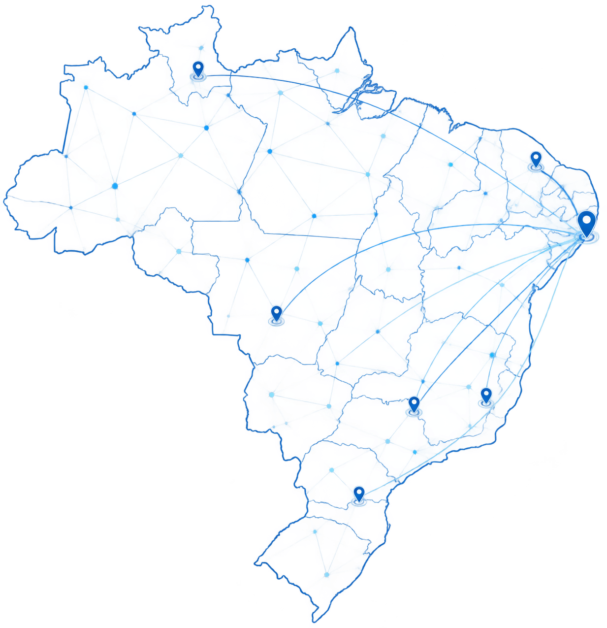 Mapa do Brasil em estilo tecnológico com conexões saindo de Recife, representando a atuação nacional da Solucom